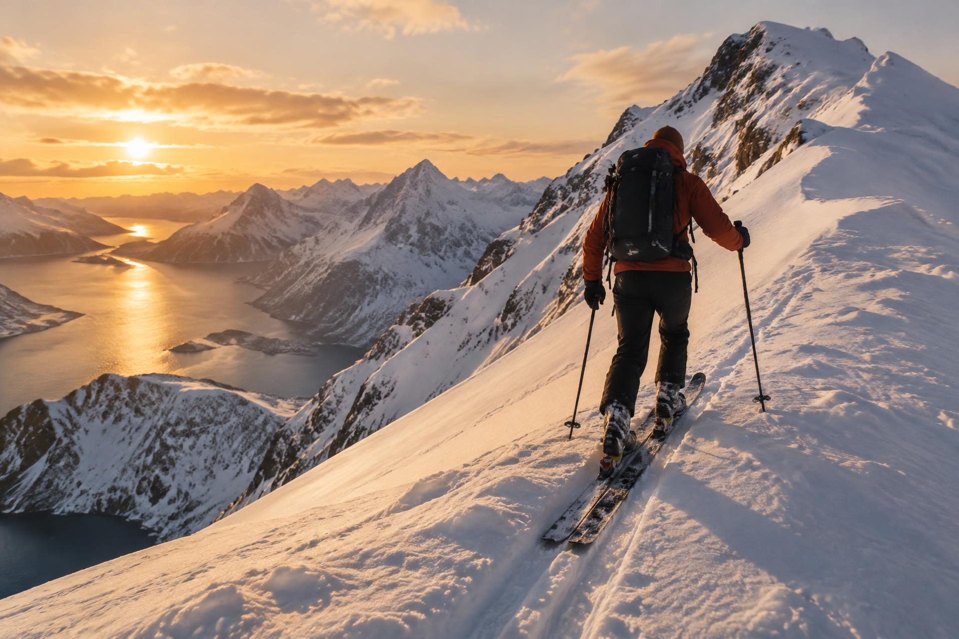 En person bestiger ett snötäckt berg på skidor
